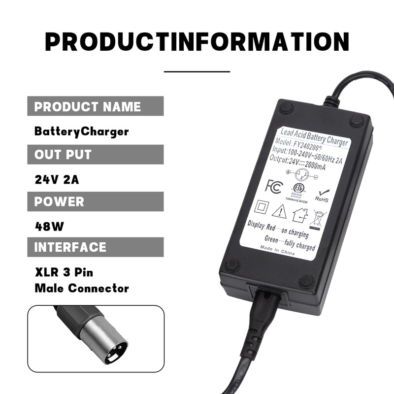 24V Lead-Acid Battery Charger with XLR 3-pin Interface, Intelligent Fast