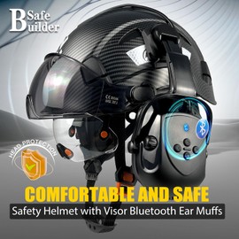 SAFEBUILDER Safety Helmet with Visor,Bluetooth Ear Muffs SNR 26dB,Hard Hat with Visors Mounted Ear muff,OSHA Hardhats Vented (01-Matte Black Hat Wtih Clear&Tinted Visor& Bluetooth Ear Muffs)