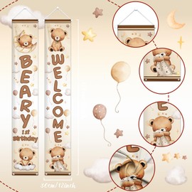 AIBIIN Brown Bear Birthday Porch Banner Beary 1st Birthay Porch Sign Banner One Year Old Welcome Hanging Decorations for Indoor Outdoor Bear Photo Props Supplies