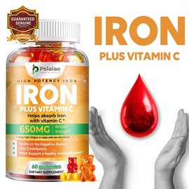 Pslalae - High Potency Iron Gummies - 650MG - Contains Elemental Iron - Gentle on the Digestive System, Reduces Constipation - Made in the USA