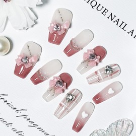 JODSONE Press on Nails 3D Handmade Pink Bow Rhinestone Jelly Square Wearable Nails - Small
