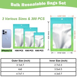 300 Pcs Gradient Mylar Bags, 3 Size Smell Proof Bags with Clear Window Foil Pouch Bags Resealable Bags for Small Business and Food Storage, Blue Green