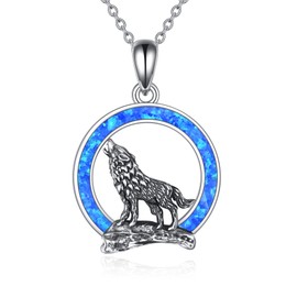 YFN Collar de lobo, regalo para hombres y mujeres, plata de ley, ópalo, luna, lobo, joyería de cumpleaños para amantes de los lobos, 18 + 2 pulgadas, Plata esterlina, Ópalo sintético