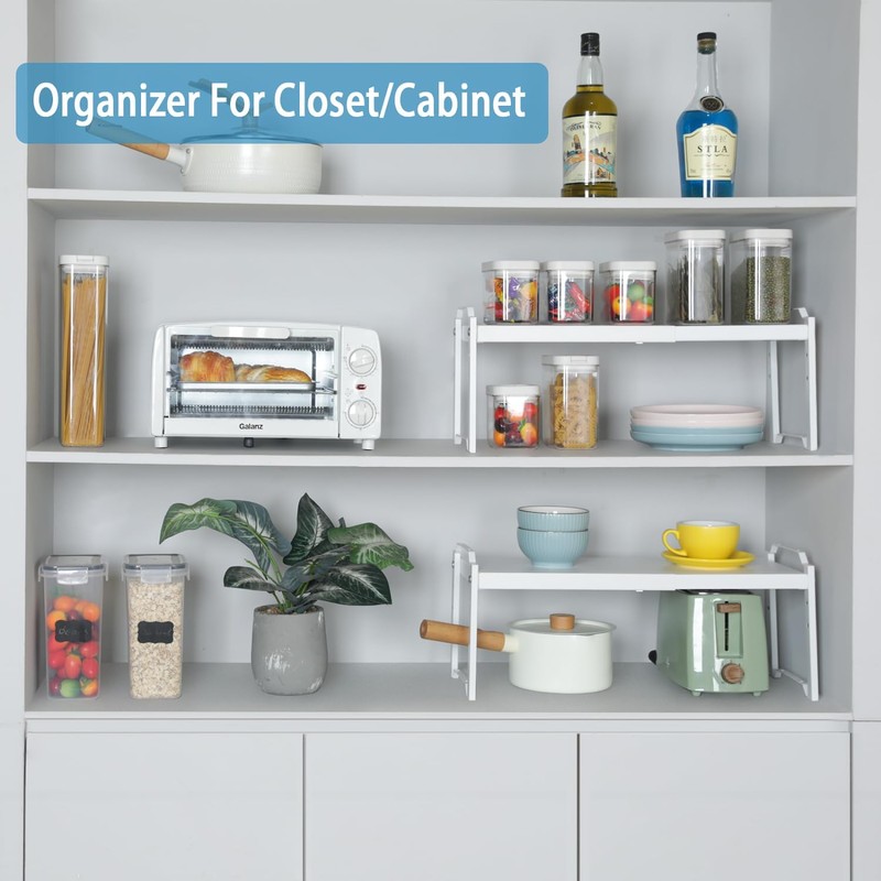 2 Pack Expandable Kitchen Cabinet Shelves Organizers, Stackable Adjustable Small