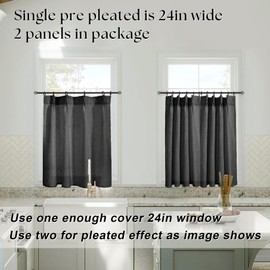 Black Short Curtains for Kitchen Bathroom Window,Linen Farmhouse Sheer Extra Wide Curtains with Hooks,36 Inch Length