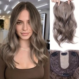 Large Base Toppers Hair Pieces for Women Full Volume Middle Part Clip in Bangs Synthetic Wavy Hair Topper for Daily Wearcolor: 10H19, stretched length: 14inches, toupee size: 6x6