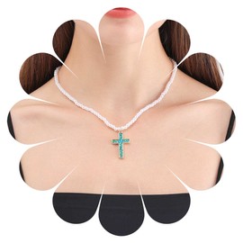 Vacaonio Boho Sapphire Cross Pendent Necklace White Pearl Necklace Chain Blue Crystal Cross Necklace Cross Pearl Choker Necklace Pearl Bead Collar Necklace Jewelry for Women