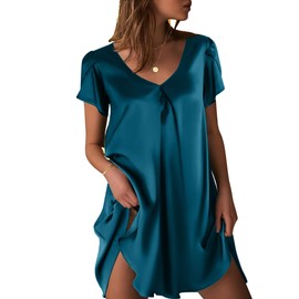 Ekouaer Women's Satin Nightgown Short Sleeve Sleepdress V-Neck Sleepwear Loose Silk Sleepshirt(Blue Green,4XL)