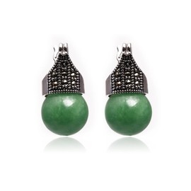 Sweet & Happy Girl'S Store 12mm Round Taiwan Jade Beads Tibetan Silver Marcasite Base Dangle Stud Hoop Earrings Jewelry