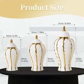 Ginger Jar, White and Gold Ginger Jar with Lid Ceramic Flower Vase for Home Decor, Storage jar, Table Center Vase Temple Jar, Decorative Centerpiece for Home, Living Room(12in