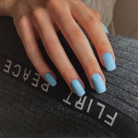 Light Blue Nails Press ons, Press on Nails Medium Square Glue on Nails Short Acrylic Glue on Medium Coffin Nail Gel Fake Nail False for Women, Thick Solid Color 24Pcs