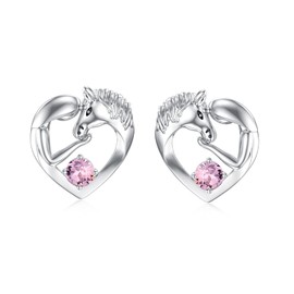 Sterling Silver Horse Stud Earrings with October Birthstone Crystal, Horse Jewellery Gifts For Girls Women Granddaughter (Pink)