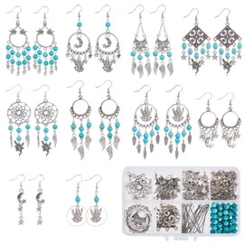 SUNNYCLUE 1 Box DIY 10 Pairs Bohemian Style Chandelier Charms Angel Charm Earring Making Kit Angel Wing Dream Catcher Charms for Jewellery Making Fairy Star Feather Charm Flower End Caps Adult Craft