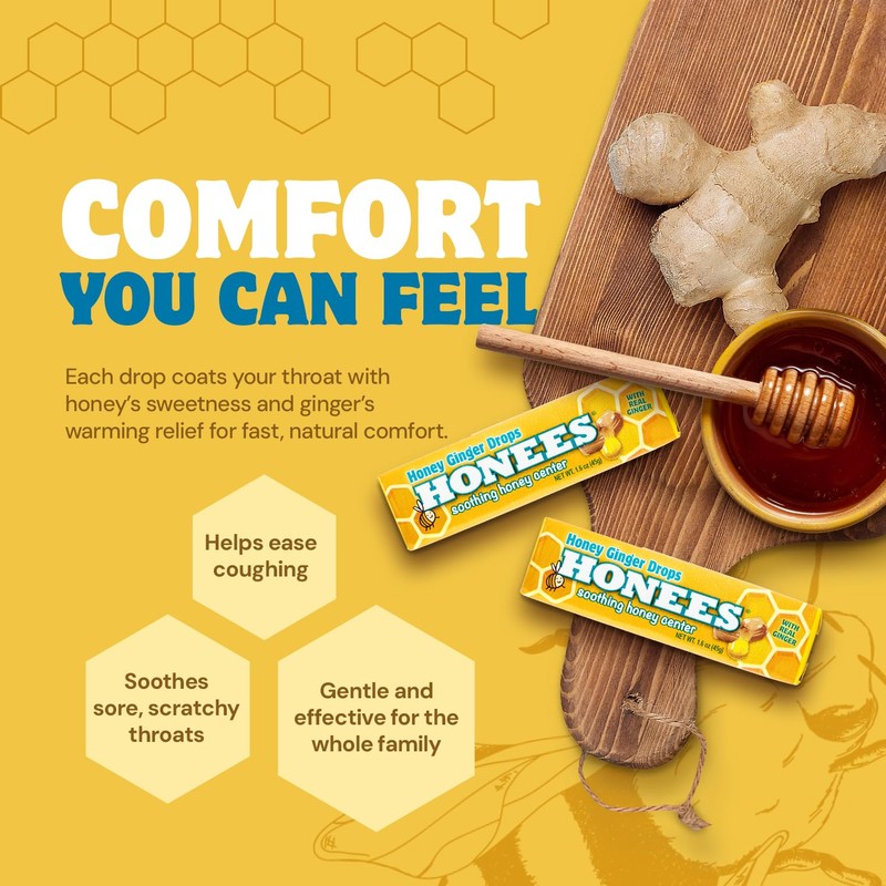 Honees Filled Honey Ginger Drops, Natural Cough Drops- Pure Ginger