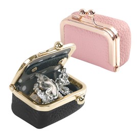 2 Pcs Genuine Leather Mini Jewelry Box, Portable Travel Jewelry Case Organizer with Kiss Lock for Women, Small Coin Purse for Rings Necklace Earring Bracelet Earphone Gift(Pink & Black)