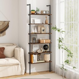 Tangkula Industrial 6-Tier Bookshelf, 72" Tall Wall Mounted Ladder Shelf with Heavy-Duty Metal Frame, Vintage Vertical Open Display Shelf Bookcase for Living Room, Office, Balcony (1, Rustic Brown)