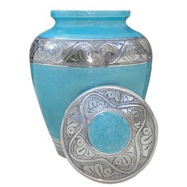 BOLD & DIVINE Turquoise Blue Textured Enamel Adult Cremation Urn | Human Ashes Adult Memorial urn, Burial, Funeral Cremation Urns | Mint 200 Cubic Inches (Large/Adult Urn) with Unique Velvet Bag