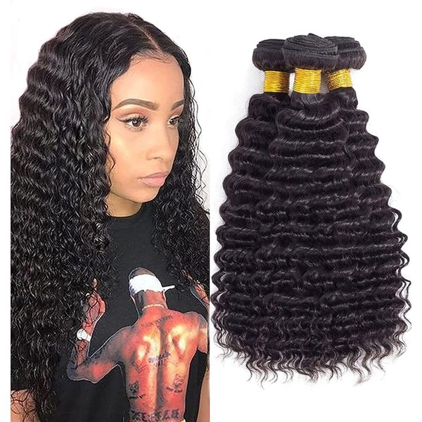 10A Brazilian Virgin Human Hair Pineapple Deep Wave 3 Bundles 100% Unprocessed Virgin Remy Hair Weave Deep Curly Hair Bundles Natural Black Color (14 14 14)