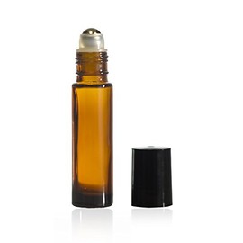 10 ml (1/3 oz) Amber Glass Roll on Bottle with Stainless Steel Ball & BPA Free Black Caps (72)