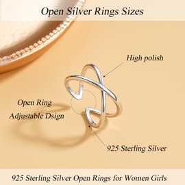 Loutade Silver Women's Rings, 925 Sterling Silver Open Adjustable Rings, Double Ring Open Silver Rings, Silver Rings Women's 925 in X-Shape, Simple Finger Rings for Women for Birthday Christmas,