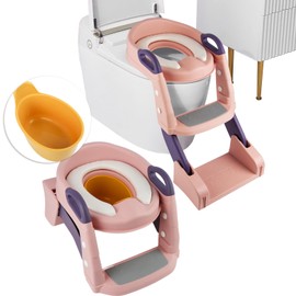 3 in 1 Toddler Potty Training Seat Chair with Ladder and Basin for Baby Boys and Girls, Adjustable Kids Potty Training Seat for Toilet with Anti-Slip Wide Steps and Safety Handles (Pink)