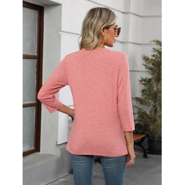 TICTICMISS Womens Tops 3/4 Sleeve T Shirts V Neck Summer Tops Dressy Casual Basic Tees Loose Tunics Coral
