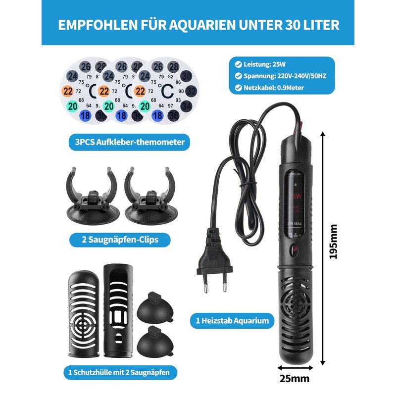 LAOYE Aquarium Heater 60L Aquarium Heating Rod 50W Temperature Adjustable