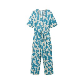 TOM TAILOR Women's Jumpsuit with V-Neck and Drawstring, 32146 - Petrol Big Abstract Design