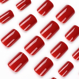Red Press on Nails Short Fake Nails Square False Nails Solid Color Acrylic Nails Glossy Glue on Nails Full Cover Stick on Nails Reusable Artificial Nails for Women Manicure Decoration 24Pcs