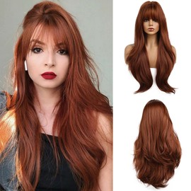 Esmee 26 Inches Long Dark Auburn Wig with Bangs Slightly Curly Hair Ends Natural Synthetic Hair Straight Wigs for Women Daily Party Cosplay Wear