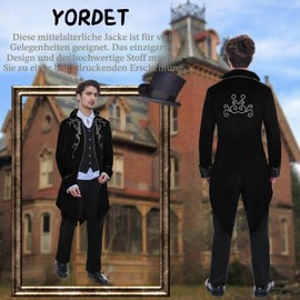 YORDET Men's Medieval Steampunk Tailcoat Jacket Gothic Coat Victorian Yard Embroidery Coat Renaissance Retro Party Vampire Cosplay Costumes for Adults (Black, L)