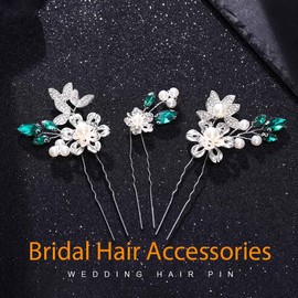HEREAD Blue Crystal Bride Wedding Hair Pins Silver Flower Bridal Hair Pieces Pearl Hair Accessories for Women and Girls (Pack of 3) (Green)