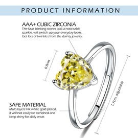CERSLIMO Silver Heart Rings for Women Girls - Adjustable Size, 14K White Gold Plated Cubic Zirconia Rings for Ladies, Small Clear Yellow Crystal Jewellery Set Wedding Gifts Birthday Christmas