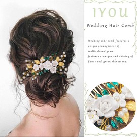 IYOU Flower Wedding Hair Comb Green Crystal Bridal Headpiece Pearl Guest Bride Hair Accessories for Women