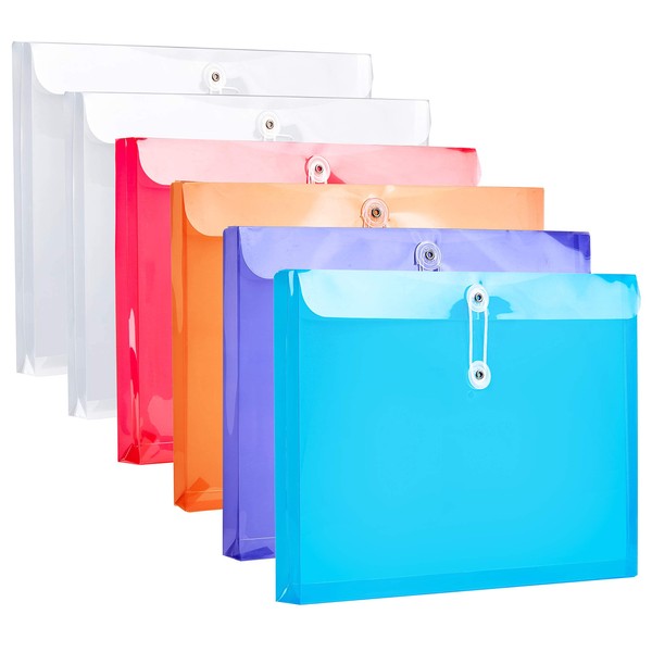 Plastic Letter Size Envelopes with Button & String Tie Closure, 1-1/6" Expansion, Side Load, Clear Poly Reusable File Folders Project Paper Documents Organizer for Office School Home (Color)