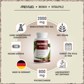 ProFuel Reishi capsules 180x - 2000 mg medicinal mushroom extract from Ganoderma lucidum - high-quality reishi extract (6:1) with 40% bioactive polysaccharides (800 mg per day) - supply for 60 days