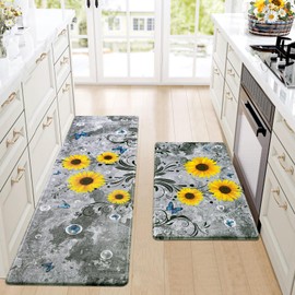 Likiyol Sunflower Kitchen Rugs Set of 2 Kitchen Mats for Floor Farmhouse Anti Fatigue Mats for Kitchen Floor, Floral Kitchen Floor Mat Non Slip Comfortable Standing Cushioned, 18''x 30''+18''x 60''