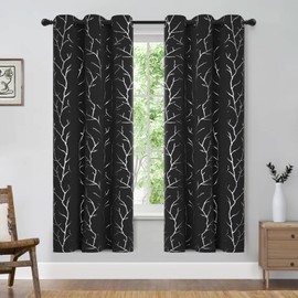 BUHUA Blackout Curtains 72 Inch Length 2 Panels Set,Black Curtains for Bedroom,Foil Tree Branches Print Geometric Grommet Top Drapes Thermal Insulated Energy-Saving Curtain,42W x 72L