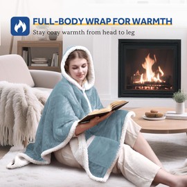 Sealy Heated Throw Wearable Shawl Wrap with Pockets, Reversible Flannel to Sherpa Electric Blanket Hoodie Poncho with 6 Heating Levels & 2-10 Hours Time Settings, 50 X 60 Inch, Light Blue
