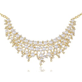 Alilang Faux Pearl Collar Necklace Elegant Golden Tone Clear Crystal Rhinestone