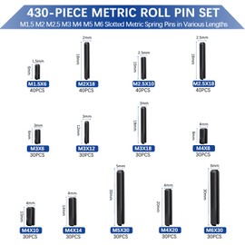 Jovlalis 430 Pcs Roll Pin Set, Slotted Metric Spring Pins, Steel Split Expansion Pin M1.5 M2 M2.5 M3 M4 M5 M6, Spring Dowel Tension Roll Pins for Home Improvement Automotive Repair