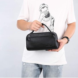 Hana Genuine Leather Second Bag, Clutch Bag, Clutch Type, Second Bag, Men's, Mini Leather, Large Capacity, Double Zipper, Men's Pouch, a-3