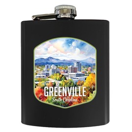 R and R Imports Greenville South Carolina Skyline Design Souvenir 7 oz Steel Flask Matte Finish Black Single