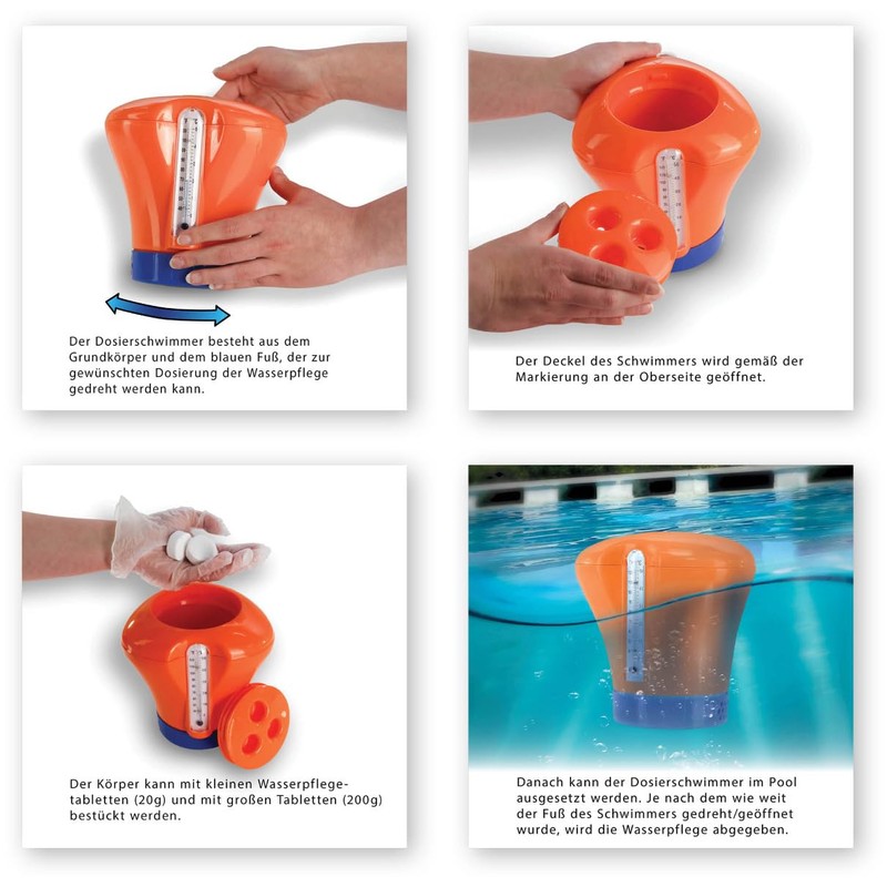 Pool Dosierschwimmer mit Thermometer orange großer Chlordosierer Chlorspender für ChlorTabs,
