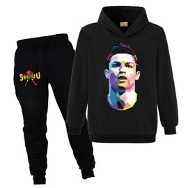 Xpialong Ronaldo Football Kit for Kids Football Hoodie+Pants Cotton Tracksuit Set (Black,7-8 Years,7 Years,8 Years)
