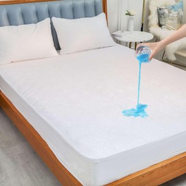 Olympic Queen Size Waterproof Mattress Protector, White Premium Terry Cotton Mattress Cover, Soft & Breathable, Fitted Style Cover, Fits 66" x 80" Bed with 12 Inch Deep Pocket, Noiseless, Durable