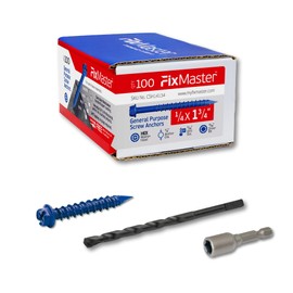 FixMaster 1/4 x 1-3/4 Hex Head Blue Concrete Screw Anchors (100 pcs Screw Kit) with one Screwdriver and Drill Bit for Concrete, Masonry, Block, Brick and Wood Fastening