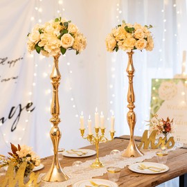 NUPTIO 2 Pcs Versatile Wedding Metal Flower Arrangement Rack, Candle Holder Stand Set Candlelabra for Wedding Party Dinner Centerpiece Event Restaurant Hotel Decoration (Gold, 31.5" H)