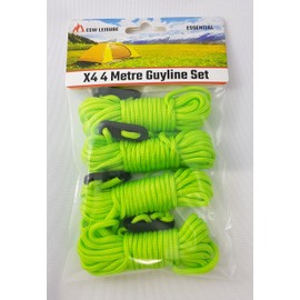 ESW LEISURE Guyline Ropes 4 Pack For Tents Awning Camping Strong Lightweight Paracord Guy Rope With Tensioner Guy Lines Fishing Umbrella Shelter Caravan Gazebo (Flourescent Green, 4 Metre XL 4 Pack)