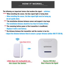 Koostone Wireless Magnetic Door Entry Sensor Alarm Chime, Door Open Alert for Shop, Garage, Window Security for Kids, Elders Safety, Anti-theft, 2 Secure Contact Sensors, 1 Doorbell Plugin Receiver